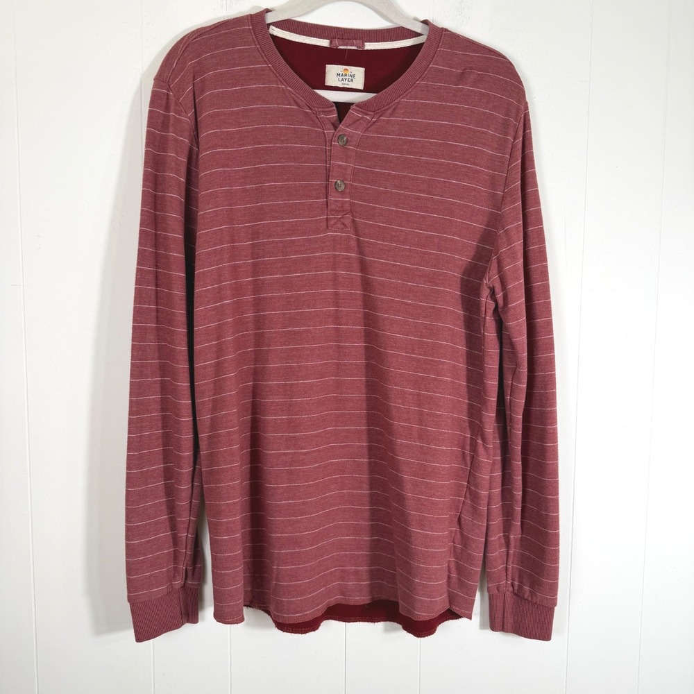 Marine Layer Mens Double Knit Long Sleeve Henley Burgundy Striped Marge M/L